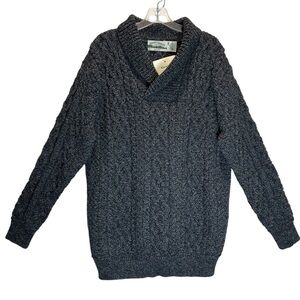 New Aran Crafts Men's Gray Merino Wool Shawl Collar Cable Knit Sweater - XXL